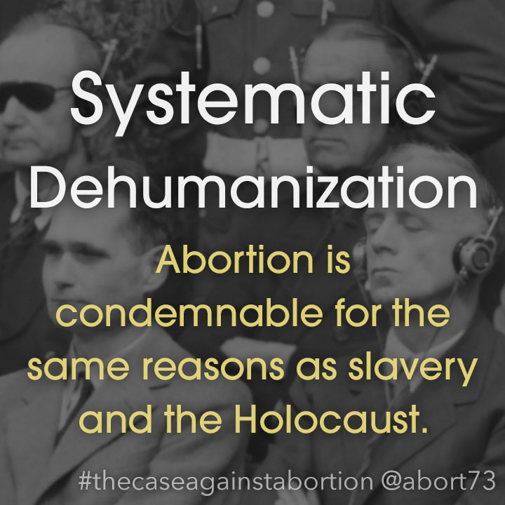 Systematic Dehumanization:  Abortion is condemnable for the same reasons as slavery and the Holocaust.